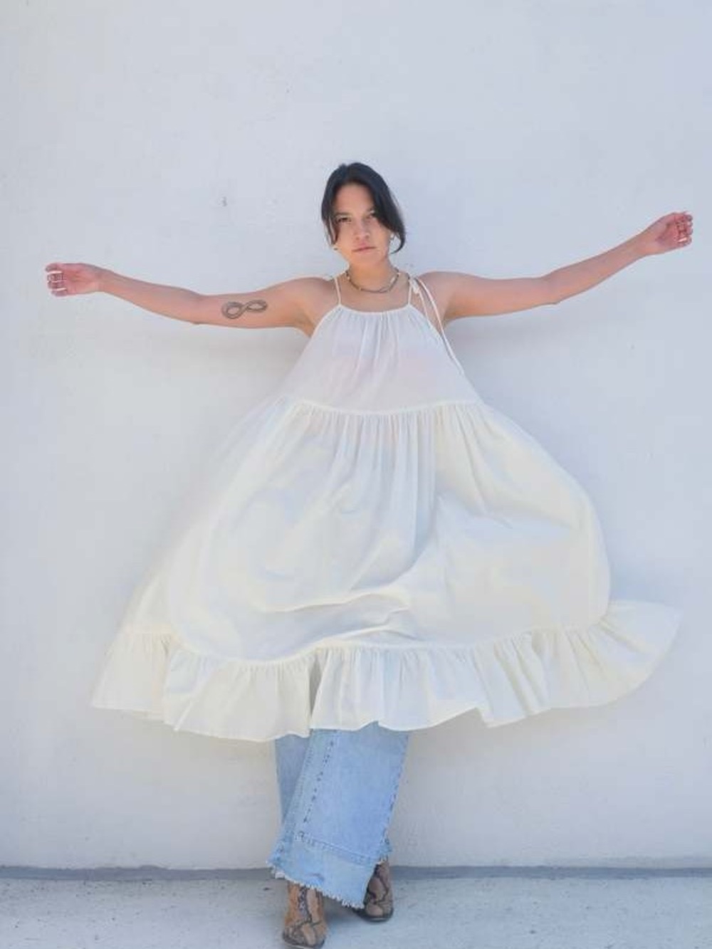 Girls' Cream Tiered Ruffle Hem Sleeveless Casual Dress